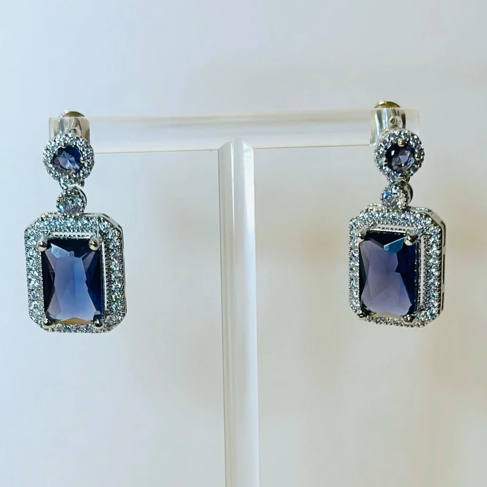 14K White Gold Plated Over Lab Created Rectangle Amethyst And Zirconia Earrings - Picture 3 of 3